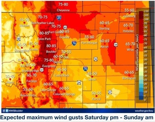 A map of expected peak wind gusts in Colorado for April 6, 2024.