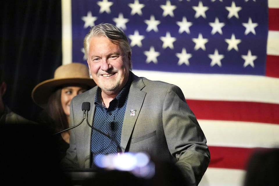 Joe O'Dea, Republican nominee for the U.S. Senate seat held by Democrat Michael Bennet, speaks during a primary election night watch party, late Tuesday, June 28, 2022, in Denver. (AP Photo/David Zalubowski) (David Zalubowski / AP file)