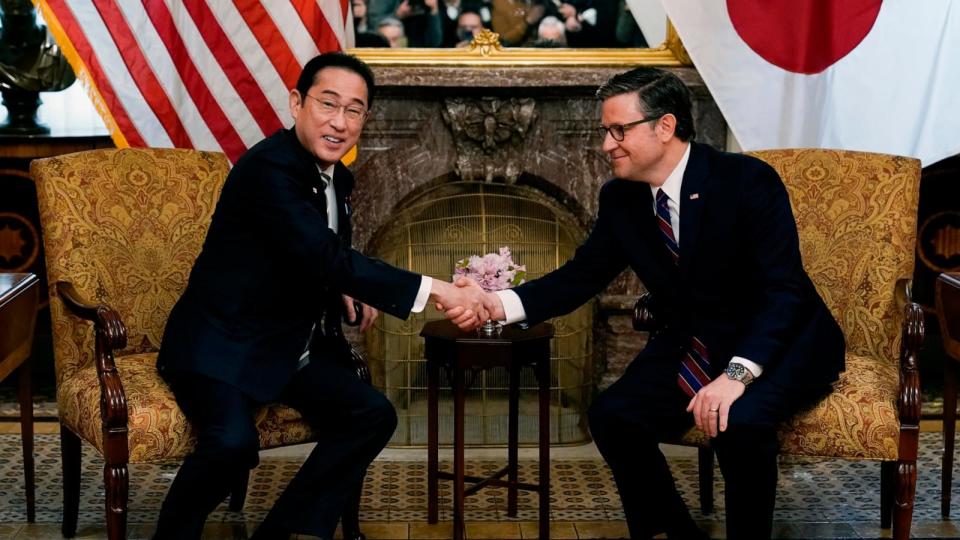 PHOTO: Speaker of the House Mike Johnson, R-La., meets with Japanese Prime Minister Fumio Kishida at the U.S. Capitol, April 11, 2024, in Washington.  (Jose Luis Magana/AP)