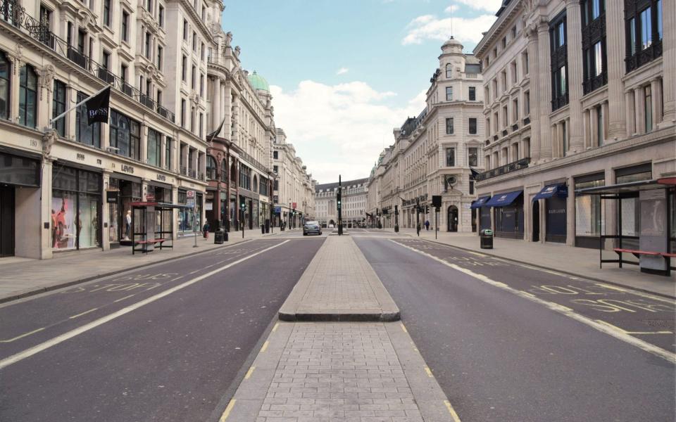 An empty Regent Street devoid of traffic during lockdown. A usually bustling Regent Street resembles a ghost town during the nationwide coronavirus lockdown. - LightRocket