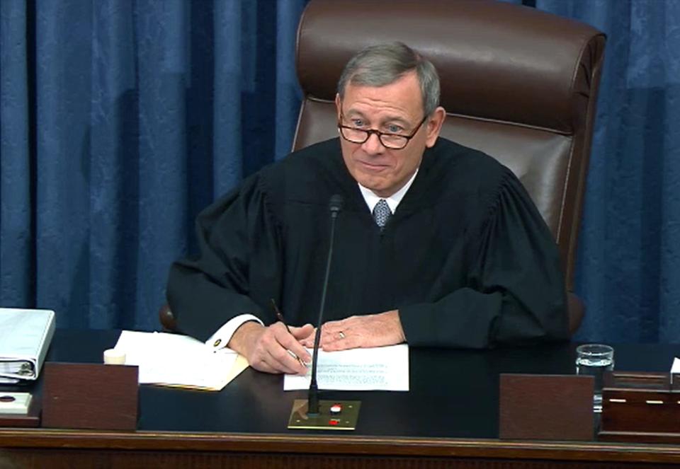 Chief Justice John Roberts presiding in January during the Senate impeachment trial of President Donald Trump.