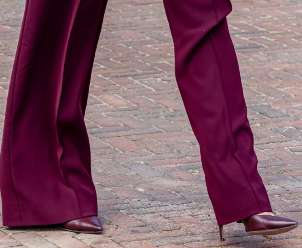 Closer look at Queen Maxima's pointed-toe pumps worn during her visit to Schoenenkwartier museum