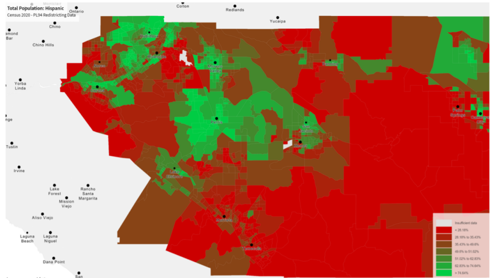 A heat map shows the density of western Riverside County's Latino citizen voting-age population by census block groups. The areas shaded in green represent areas with 50% or higher Latino CVAP.