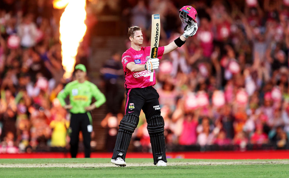 Steve Smith, pictured here after making a century for the Sydney Sixers against the Sydney Thunder in the BBL.