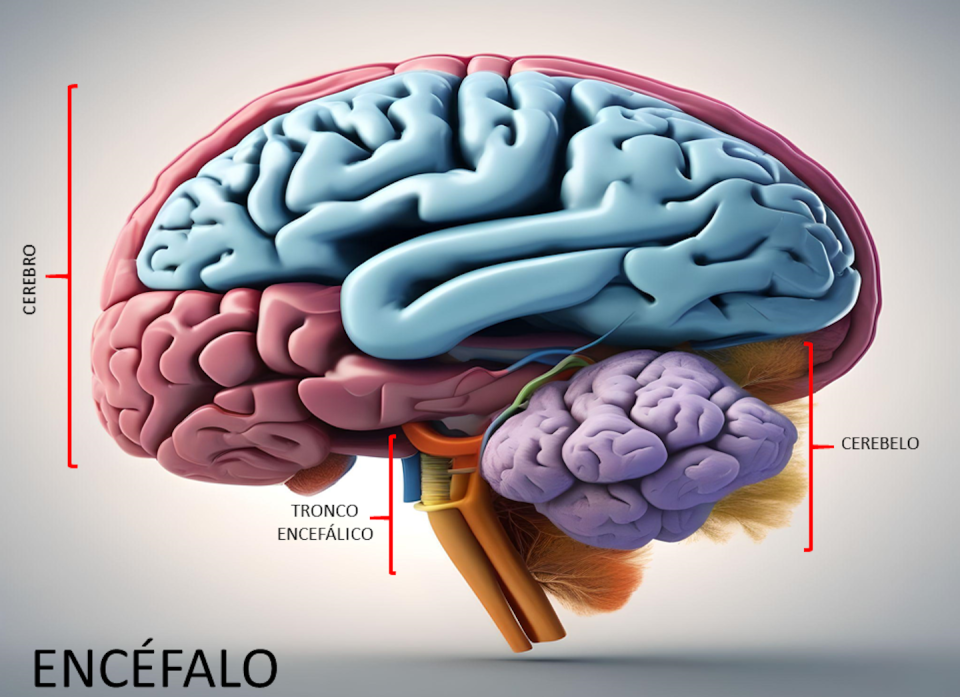Esquema del encéfalo humano, que incluye al cerebro como uno de sus componentes.