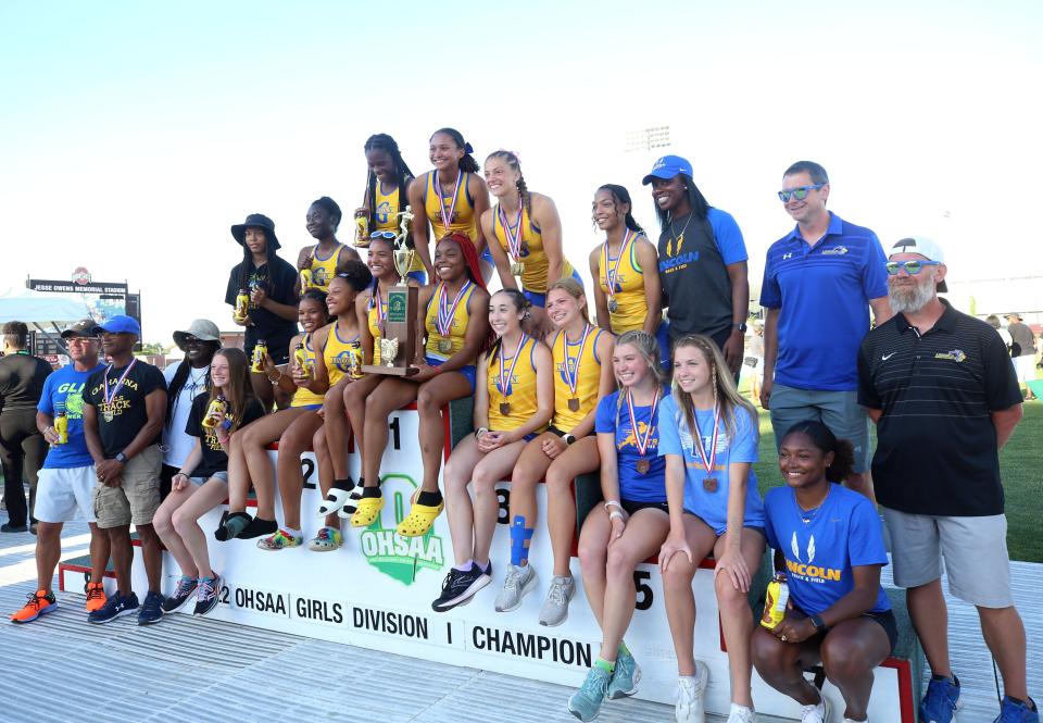 The Gahanna girls track team poses for a photo after winning the team championship at the Division I State Track and Field Championship at Jesse Owens Memorial Stadium on June 4.