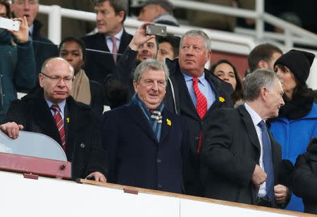 Football - West Ham United v Crystal Palace - Barclays Premier League - Upton Park - 28/2/15 England manager Roy Hodgson and Premier League Chief Executive Richard Scudamore watch from the stands Reuters / Suzanne Plunkett Livepic