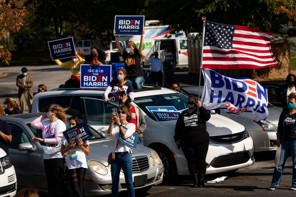 A crowd gathers for Democratic vice presidential candidate Sen. Kamala Harris, D-Calif., during a campaign rally Nov. 1, 2020, in Duluth, Ga.