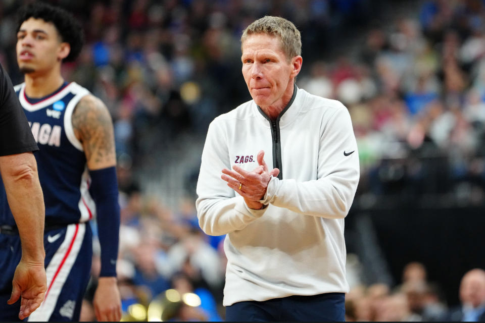 Mar 23, 2023; Las Vegas, NV, USA; Gonzaga Bulldogs head coach Mark Few reacts during a time out against the UCLA Bruins during the first half at T-Mobile Arena. Mandatory Credit: Stephen R. Sylvanie-USA TODAY Sports