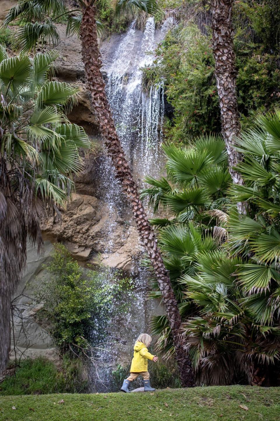 A toddler in a yellow raincoat runs near a small waterfall and palm trees.