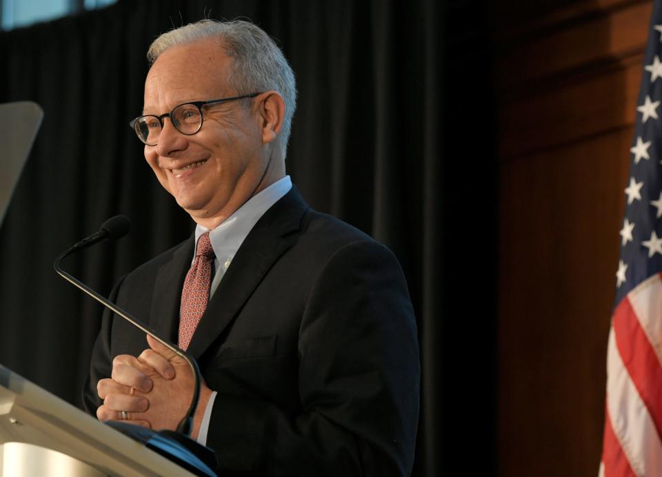 Then-mayor David Briley delivers the 56th Annual State of Metro Address at the Nashville Public Library's Grand Reading Room on Tuesday, April 30, 2019.