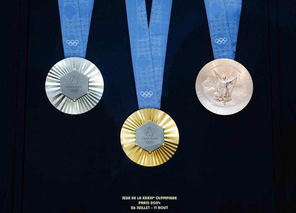Olympic medals displayed during the unveiling of the Olympic and Paralympic medals for the Paris 2024 Olympic Games.