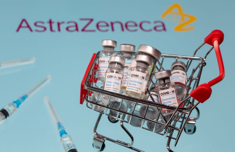 FILE PHOTO: A shopping basket with vials labeled 'COVID-19 - Coronavirus Vaccine' on an AstraZeneca logo