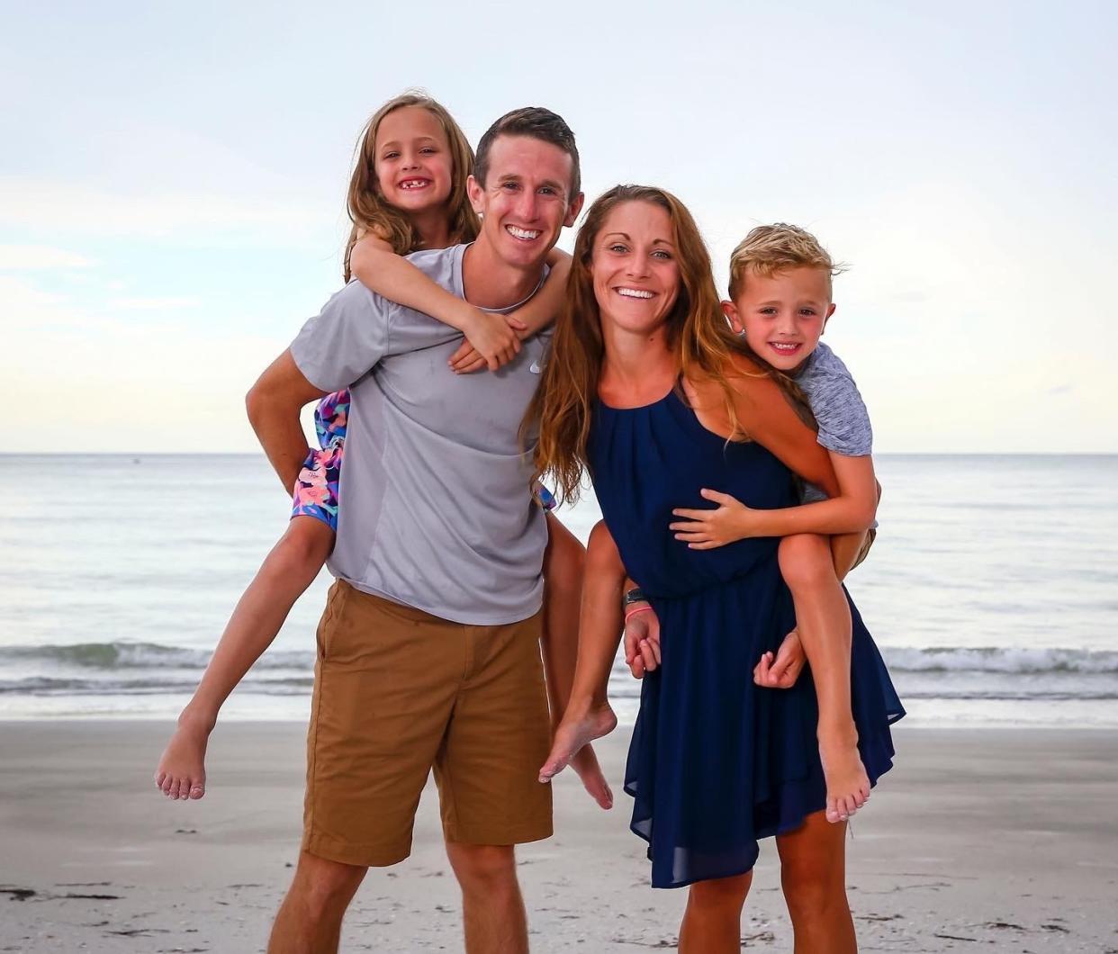 Becki Spellman, 40, of Hilliard, Ohio, is an elite runner training for the masters category of the Detroit Free Press International Half Marathon in October. She’s shown with her 9-year-old twins, Corra and Nolan, and her husband, Ryan Spellman.