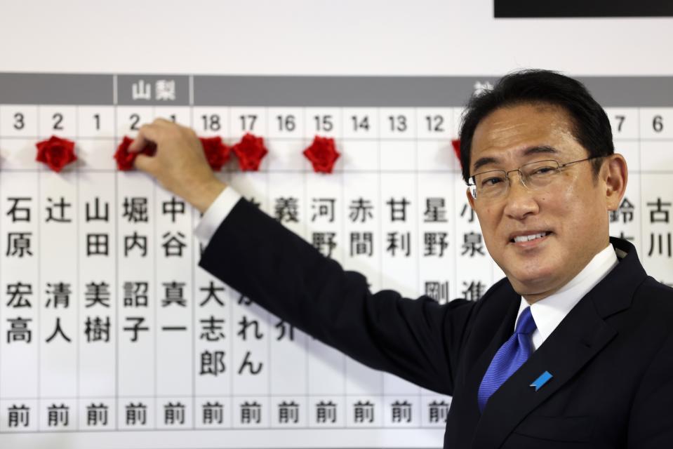 Japan's Prime Minister and ruling Liberal Democratic Party leader Fumio Kishida puts rosettes by successful general election candidates' names on a board at the party headquarters in Tokyo, Sunday, Oct. 31, 2021. Japanese Prime Minister Fumio Kishida’s governing coalition is expected to keep a majority in a parliamentary election Sunday but will lose some seats in a setback for his weeks-old government grappling with a coronavirus-battered economy and regional security challenges, according to exit polls. (Behrouz Mehri, Pool via AP)