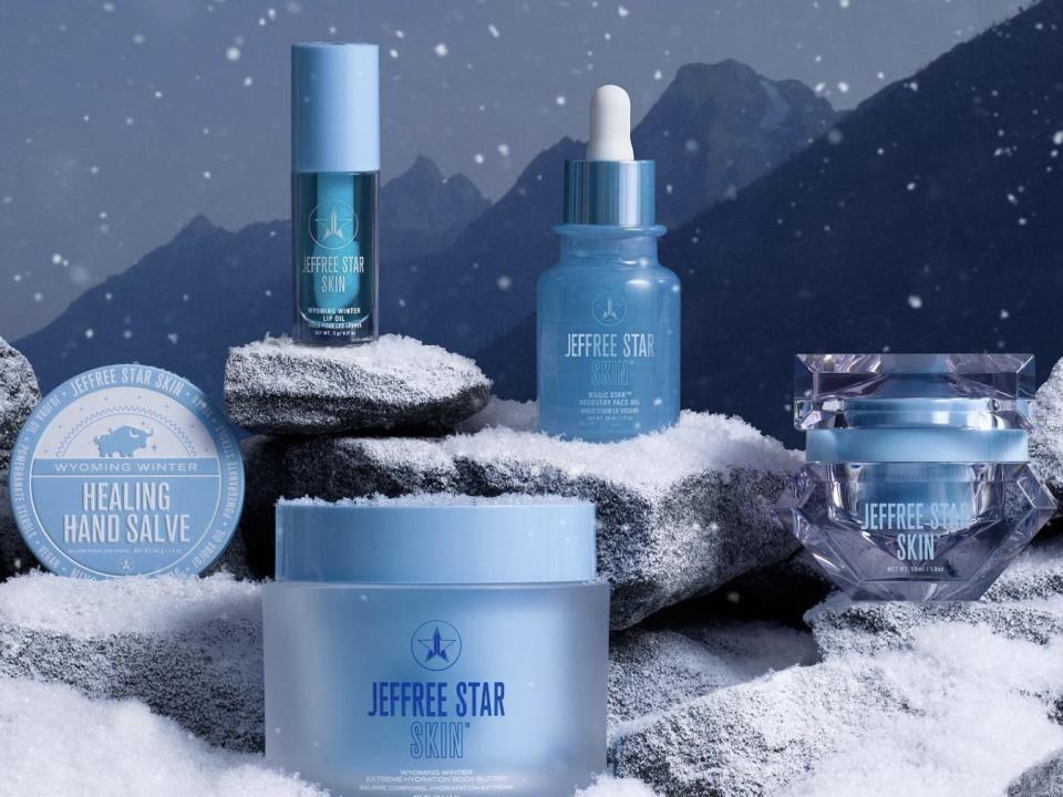 The product lineup for Star's Wyoming Winter skin care collection amid a wintry background.
