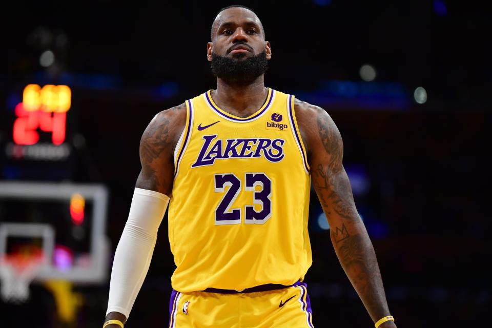 Lakers forward LeBron James reacts during the second half of the Game 3 loss to the Nuggets.