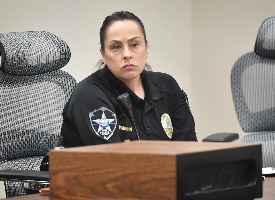 Wichita Falls ISD Police Chief Lahoma Vaughn listens to concerned parents following a special safety and security meeting held Monday at the WFISD Administration building.