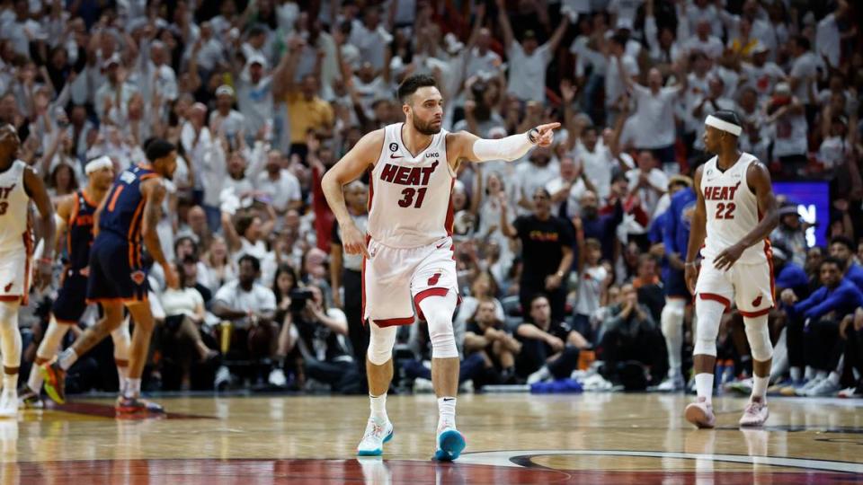 Miami Heat guard Max Strus (31) reacts after sinking a three-pointer in the fourth quarter against the New York Knicks in Game 6 of the NBA Eastern Conference Semifinals at the Kaseya Center in Miami on Friday, May 12, 2023.