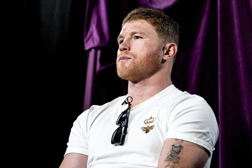 Boxer Canelo Álvarez, of Mexico, speaks during an interview with The Associated Press, Tuesday, June 28, 2022, in New York. Álvarez and Gennadiy Golovkin, of Kazakhstan, will meet for a third time on Sept. 17, 2022, in Las Vegas. (AP Photo/Julia Nikhinson)