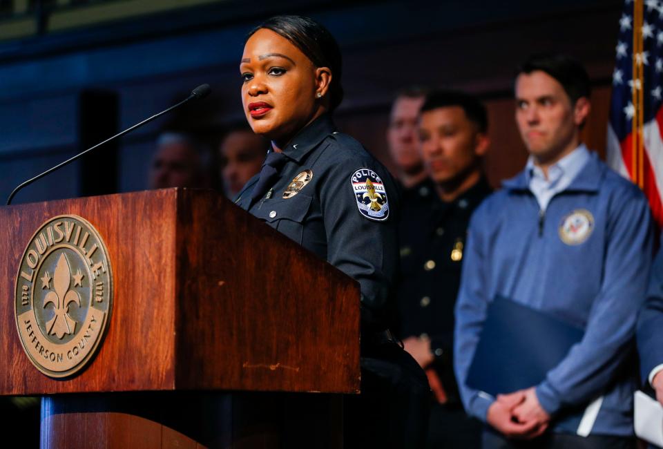 Louisville Metro Police Chief Jacquelyn Gwinn-Villaroel speaks during a press conference update about Old National Bank mass shooting that occurred Monday morning. Five people were shot and killed and eight injured, including two Louisville Metro Police officers in downtown Louisville, Ky.  April 11, 2023