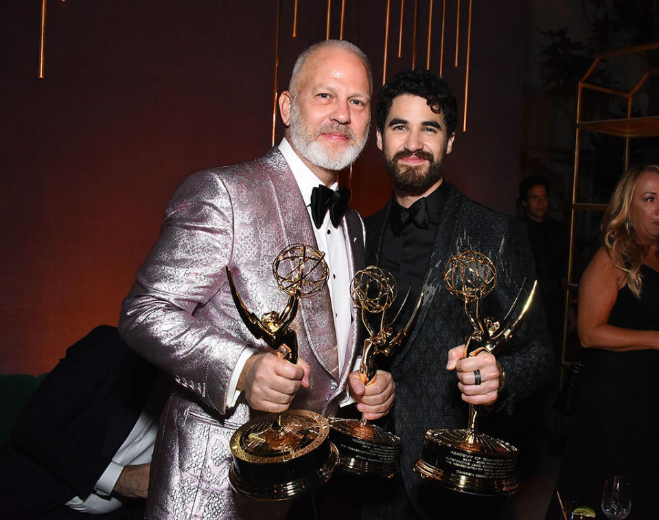 <p>From <em>Glee</em> to Emmy gold: Ryan Murphy and longtime collaborator Darren Criss showed off their haul at the Fox bash. (Photo: Araya Diaz/Getty Images) </p>