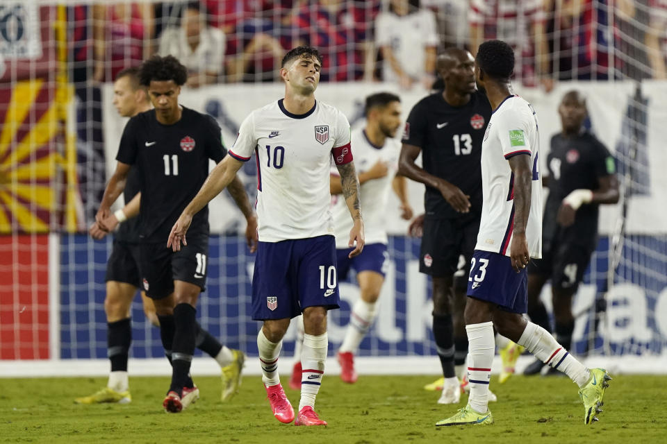 United States forward Christian Pulisic (10) reacts to missing a shot against Canada during the second half of a World Cup soccer qualifier Sunday, Sept. 5, 2021, in Nashville, Tenn. (AP Photo/Mark Humphrey)