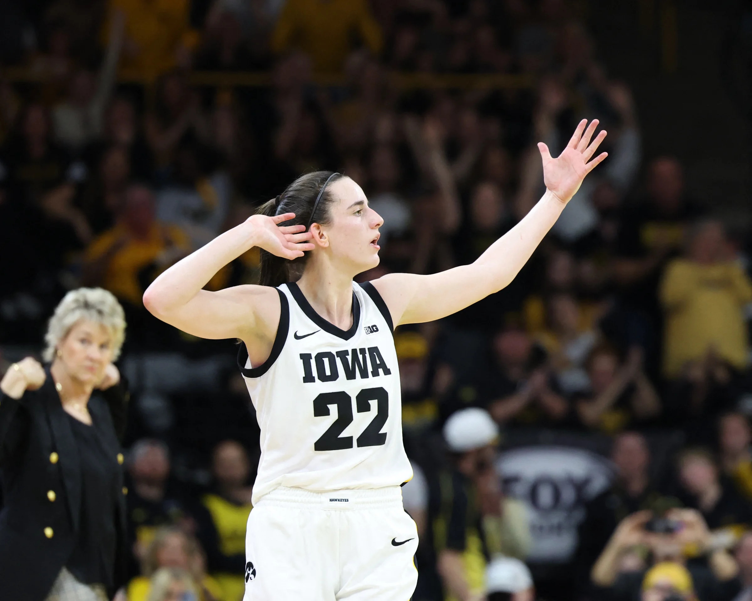 Mar 3, 2024; Iowa City, Iowa, USA; Iowa Hawkeyes guard Caitlin Clark (22) celebrates the win over the Ohio State Buckeyes during the second half at Carver-Hawkeye Arena. Mandatory Credit: Reese Strickland-USA TODAY Sports