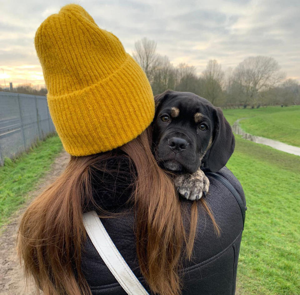 Louise Jackson holding her dog Donnie as a puppy.