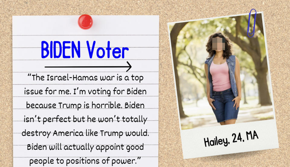 A note reads a quote from a Biden voter saying they prefer Biden over Trump due to concerns about Trump and hope Biden will appoint good people