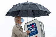 Democratic presidential candidate former Vice President Joe Biden, closes his umbrella as he boards his campaign plane at New Castle Airport in New Castle, Del., Thursday, Oct. 29, 2020, to travel to Florida for drive-in rallies. (AP Photo/Andrew Harnik)