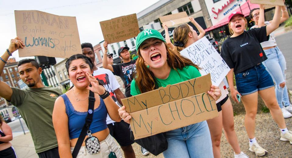 Hannah Whipple chants "My body my choice" during a protest of the overturning of the Roe versus Wade decision by the Supreme Court at the Monroe County courthouse on Friday, June 24, 2022. 