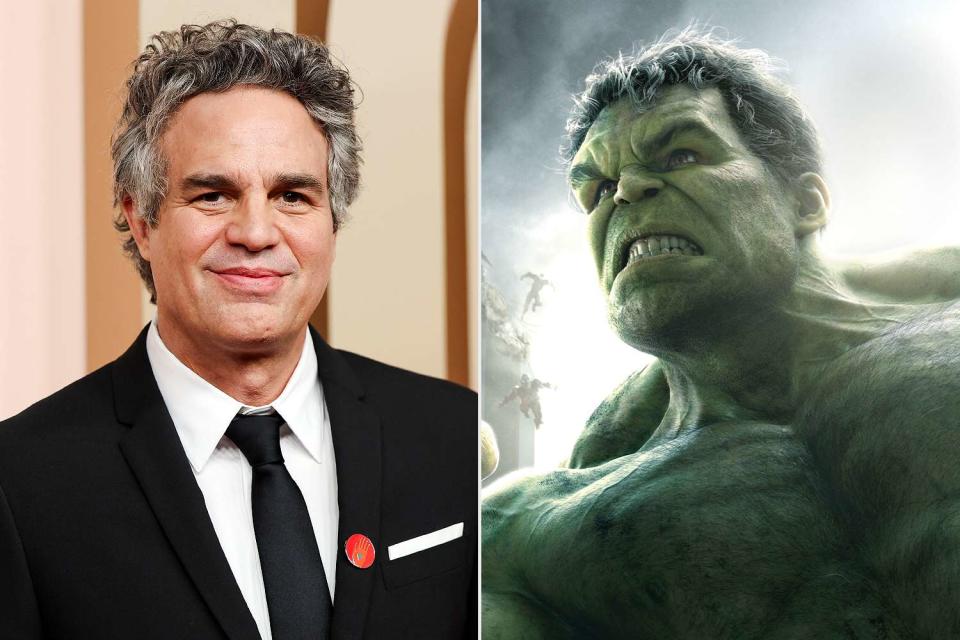<p>Michael Blackshire / Los Angeles Times via Getty; Marvel/Walt Disney Pictures/Kobal/Shutterstock</p> Mark Ruffalo and Ruffalo as the Hulk in 2015