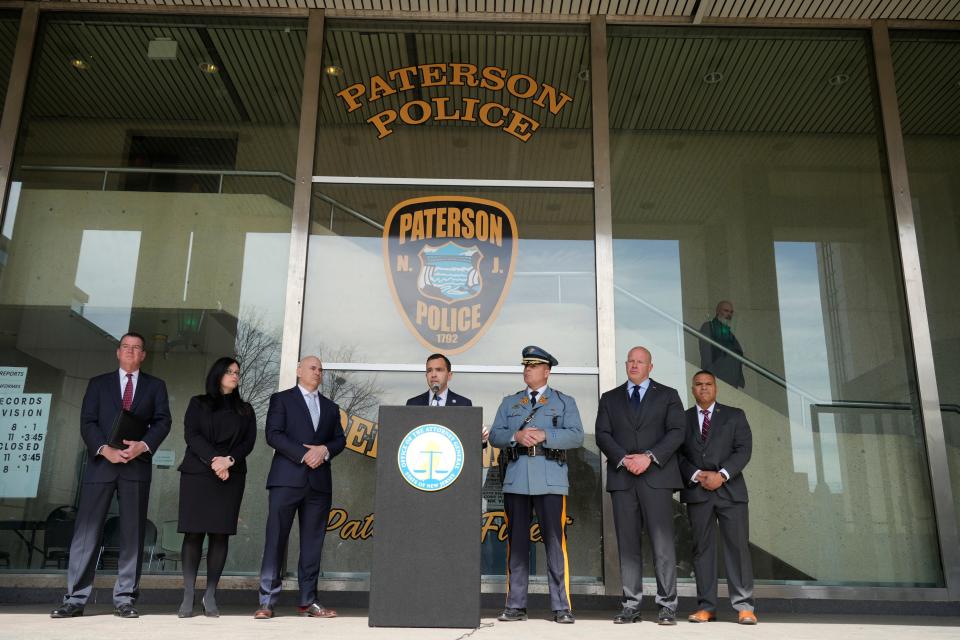 NJ Attorney General Matthew J. Platkin announces on the steps of the Paterson Police Department that the Attorney General's Office is taking control of the department in Paterson, NJ on Monday March 27, 2023.