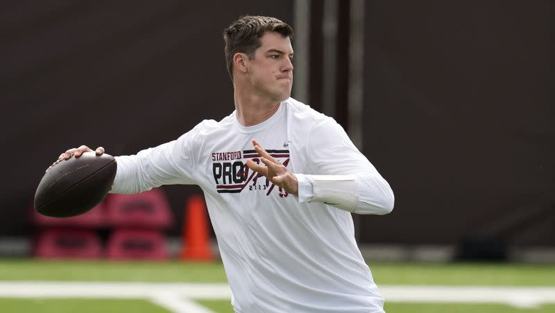 Stanford quarterback Tanner McKee throws during the school’s NFL Pro Day in Stanford, Calif., Wednesday, March 22, 2023. The former Latter-day Saint missionary is eyeing a career in the NFL.