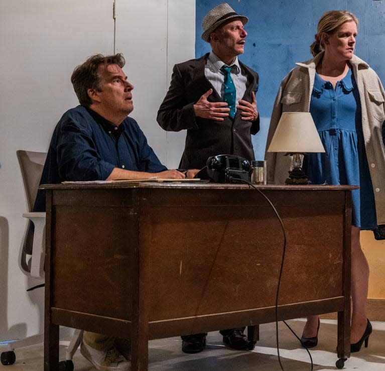 Robin Bloodworth, David Fraioli, and Amie Lytle in a serious conversation on the set of "Bread and Butter" showcased at the Harbor Stage Company in Wellfleet.