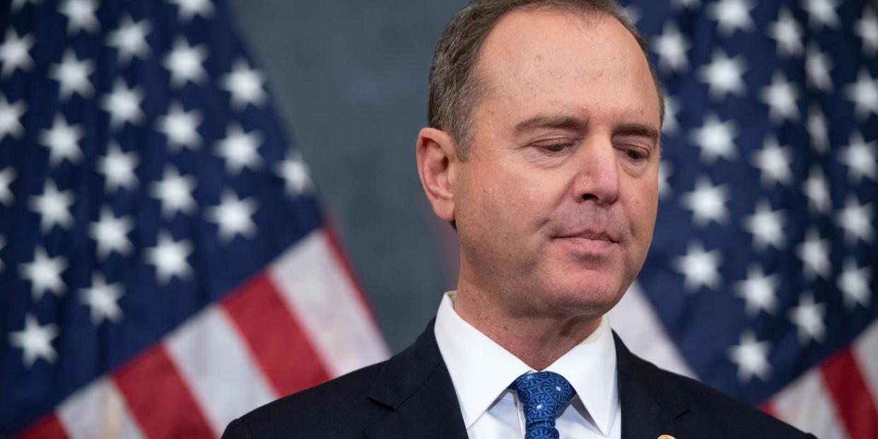 adam schiff House Permanent Select Committee on Intelligence Chairman Adam Schiff holds a press conference after the House passed Resolution 755, Articles of Impeachment Against President Donald J. Trump, at the US Capitol in Washington, DC, on December 18, 2019. - The US House of Representatives voted 229-198 on Wednesday to impeach President Donald Trump for obstruction of Congress. The House impeached Trump for abuse of power by a 230-197 vote. The 45th US president is just the third occupant of the White House in US history to be impeached. (Photo by SAUL LOEB / AFP) (Photo by SAUL LOEB/AFP via Getty Images)