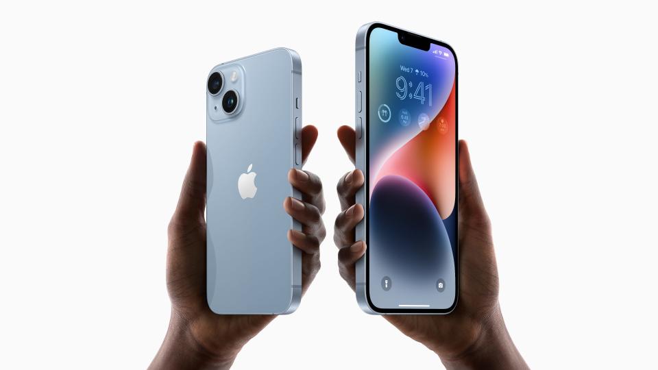 The iPhone 14, at left (starting at $799, available Sept. 16), and iPhone 14 Plus ($899, Oct. 7), the latest smartphones from Apple, will be available in midnight, blue, starlight, purple, and (PRODUCT)RED in 128GB, 256GB, and 512GB storage capacities.