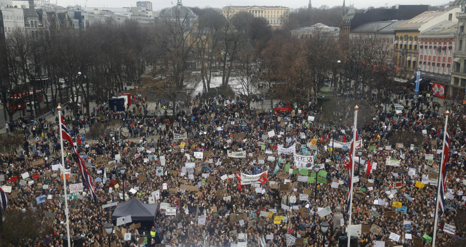 Students gather for a protest against politicians who they allege are not doing enough to halt climate change, during a mass demonstration near the parliament building in central Oslo, Norway, Friday March 22, 2019. (Tom Hansen/NTB scanpix via AP)