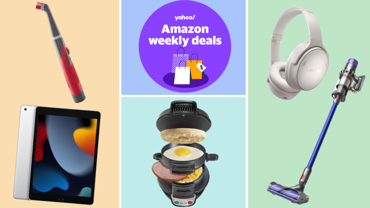 Rubbermaid scrubber, Apple iPad, Hamilton Beach sandwich maker, Dyson vac, Bose headphones and a badge that reads: Yahoo! Amazon weekly deals