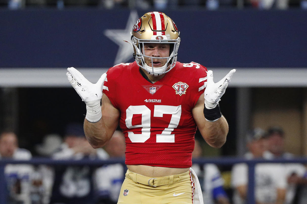 Nick Bosa was cleared to play Saturday night against the Packers. (Photo by Richard Rodriguez/Getty Images)