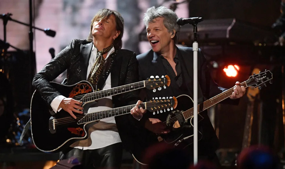 Richie Sambora, left, and Jon Bon Jovi perform during the 2018 Rock Hall induction ceremony.