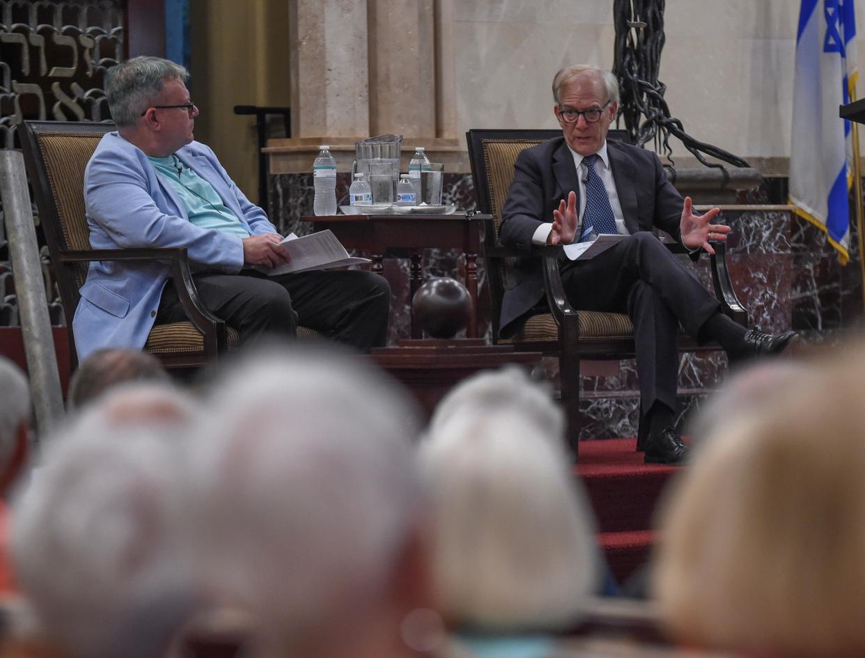 TCPalm and Treasure Coast Newspapers columnist Blake Fontenay (left) listens to Washington Post columnist and author David Ignatius while moderating a discussion with Ignatius and the audience at the Rappaport Center inside Temple Beit HaYam on Wednesday, April 10, 2024, in Stuart.