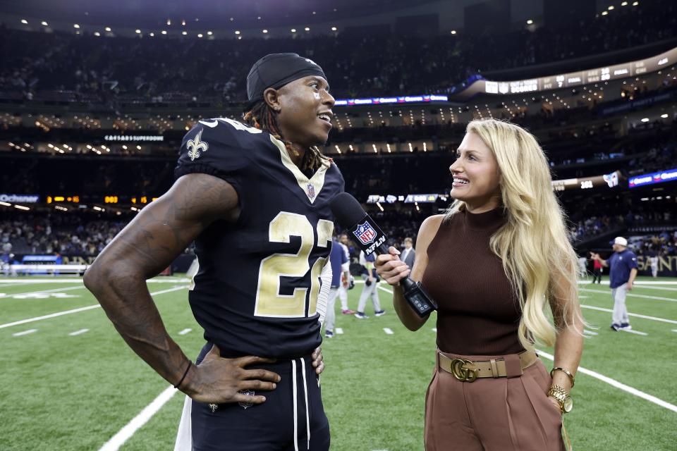 NFL Network reporter Jane Slater interviews New Orleans Saints wide receiver Rashid Shaheed after game against the Tennessee Titans, Sunday, Sep. 10, 2023, in New Orleans. | Tyler Kaufman, Associated Press