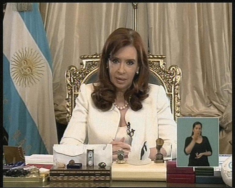TV grab released by Noticias Argentinas showing Argentine President Cristina Fernandez de Kirchner addressing the nation, in Buenos Aires on June 16, 2014