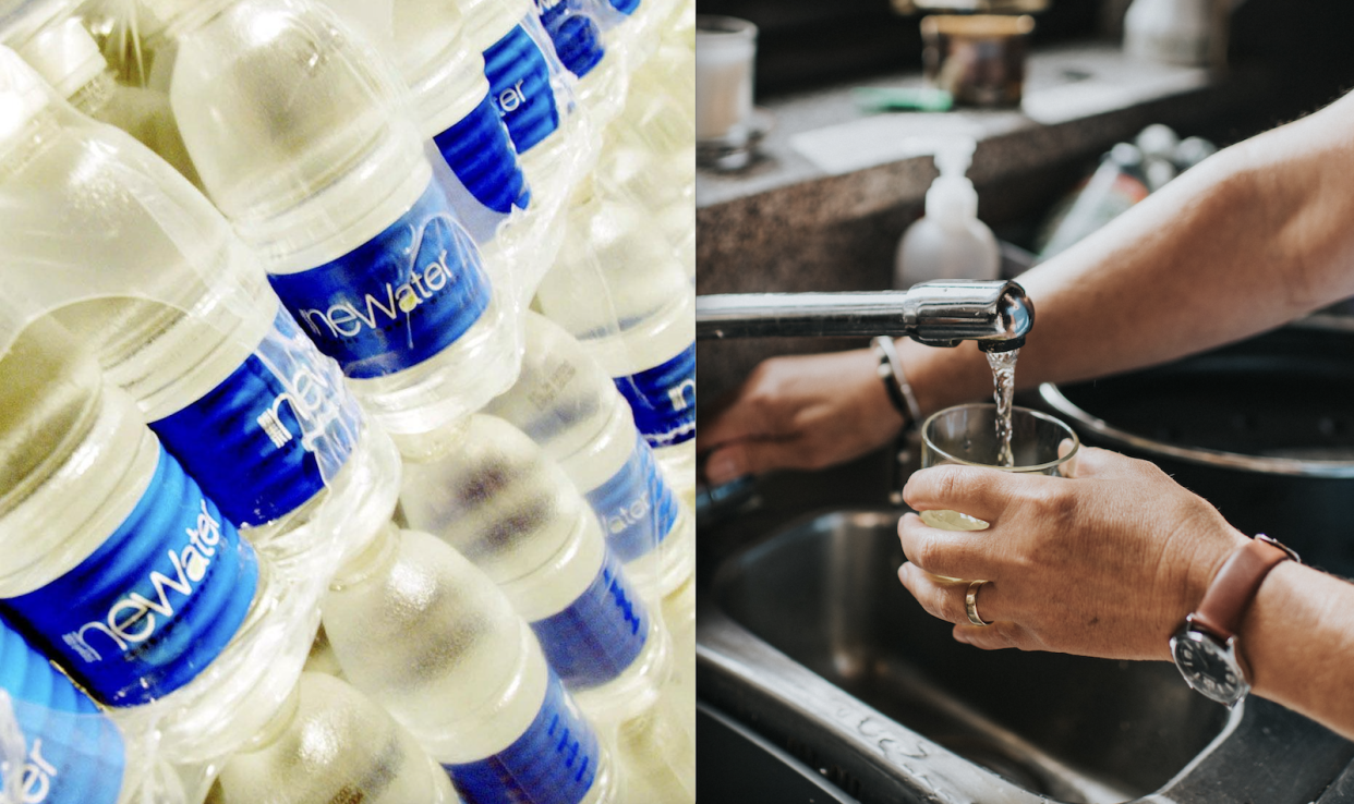 A composite picture of Singapore's NEWater and a tap with flowing water. 