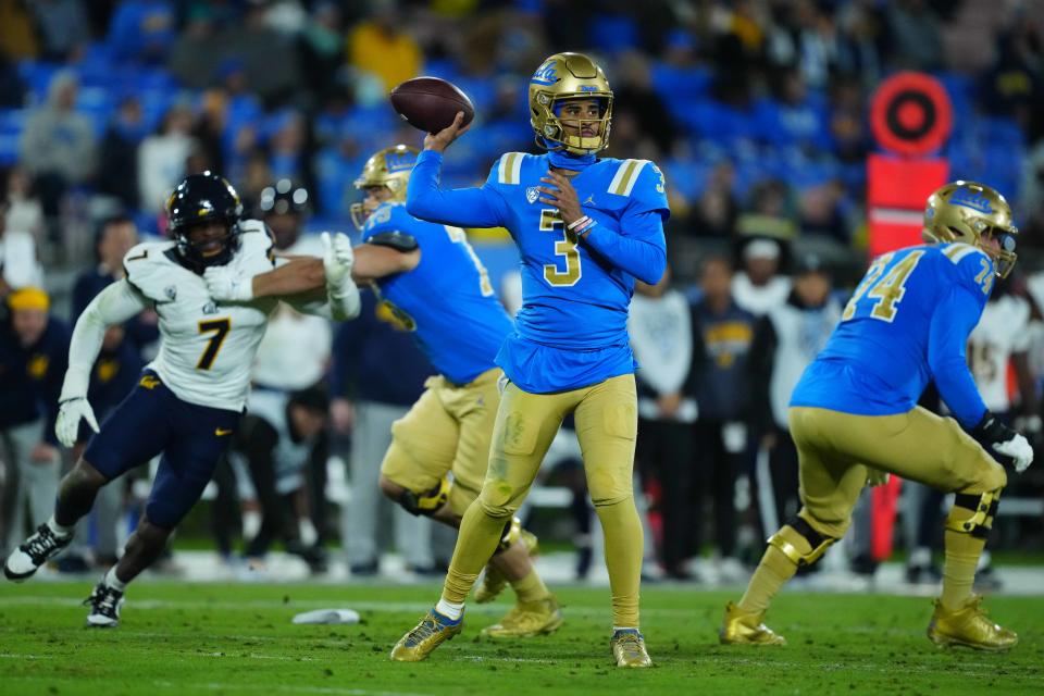 Nov 25, 2023; Pasadena, California, USA; UCLA Bruins quarterback Dante Moore (3) throws the ball against the California Golden Bears in the second half at Rose Bowl. Mandatory Credit: Kirby Lee-USA TODAY Sports