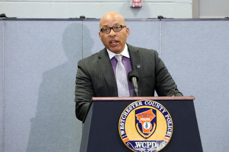 Deputy County Police Commissioner Terrance Raynor, with the Westchester Department of Public Safety, talks about "Operation Casper," a six-month investigation by county, local and federal law enforcement in Westchester and Putnam counties are on display Jan. 27, 2022 at Westchester Police Academy in Valhalla. More than 100 weapons, including rifles, handguns, "ghost guns" and high-capacity drum magazines were seized and 11 people were arrested facing state and federal charges.