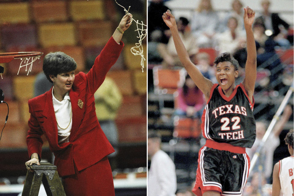 FILE - Texas Tech head coach Marsha Sharp waves the cut net, left, and Texas Tech's Sheryl Swoopes leaps with joy, right, after Texas Tech defeated Ohio State 84-82 in the finals of the NCAA Division 1 Women's Basketball Championship, Sunday, April 4, 1993, in Atlanta, Ga. The woman who coached Sheryl Swoopes and Texas Tech to the 1993 national championship and a handful of other Hall of Famers said in a discussion with The Associated Press the work of Title IX isn’t finished after 50 years. (AP Photo/File)