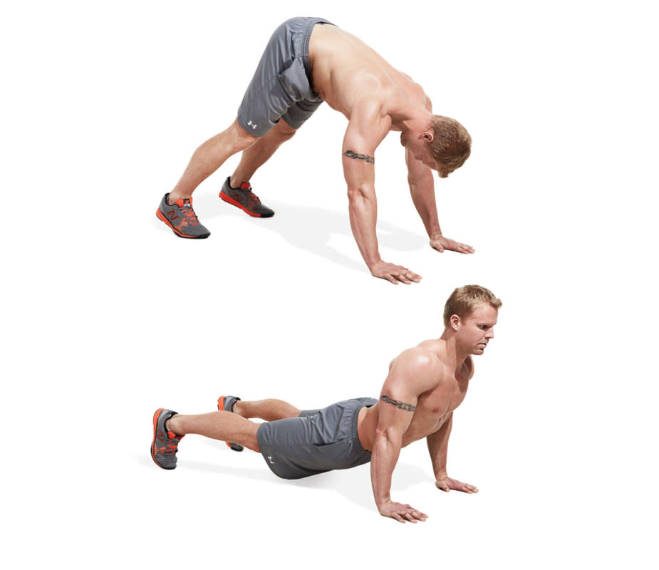 How to do it:<ul><li>Get into pushup position.</li><li>Push your hands into the floor to drive your weight back so your hips rise into the air.</li><li>Your back should be straight and your head behind your hands.</li><li>Lower your body in an arcing motion so that your chest scoops downward and nearly scrapes the floor.</li><li>Continue moving forward as you press your body up so your torso is vertical and your legs are straight and nearly on the floor. That’s one rep.</li></ul>